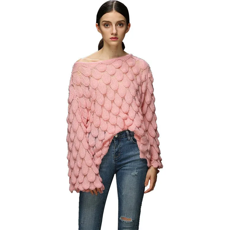 Женский вязаный летний пуловер с дырочками, вязаный крючком, топы, женские сетчатые Топы тонкого размера плюс, женские вязаные свободные пуловеры, свитера для женщин - Цвет: Розовый
