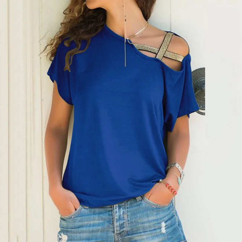 Women Plus Size Skew Neck Irregular Criss Cross Blouse Lady Patchwork Solid Tops Blusa Femme One Shoulder Summer Shirt Hollow