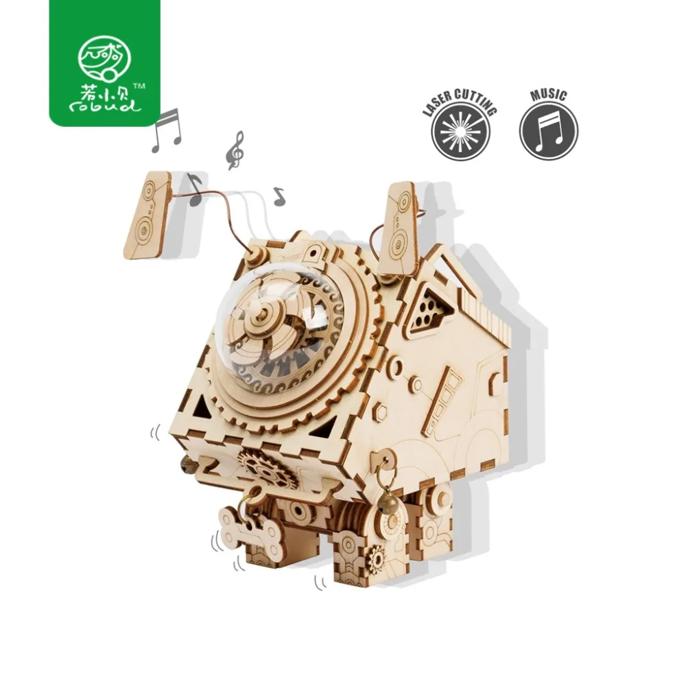 

Robud Wooden Steam Punk Dog Model 3D Puzzle Music Box Wooden Building Fun Puzzle Gift Toy for Children AM480 for Dropshipping