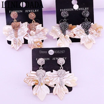

4Pairs Carved Shell Maple Leaf dangle earrings Pave rhinestone fashion Charm Elegant earring jewelry for women