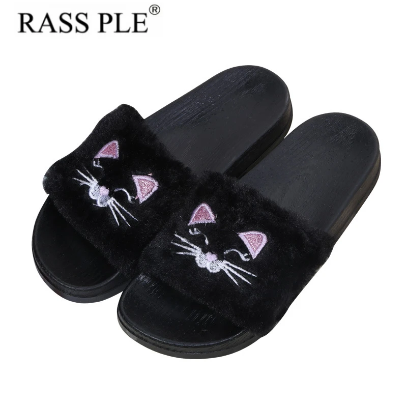 

RASS PLE Women Slippers Fur Slippers Fluffy Sliders Slip On Flats Sandals Flip Flops Ladies Shoes Sliders Shoes Zapatos De Mujer