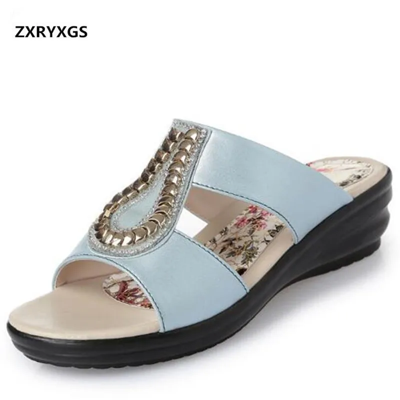 

ZXRYXGS Brand Sandals Shoes Woman New 2019 Rhinestone Cow Leather Shoes Summer Women Sandals Slippers Plus Size Wedges Sandals