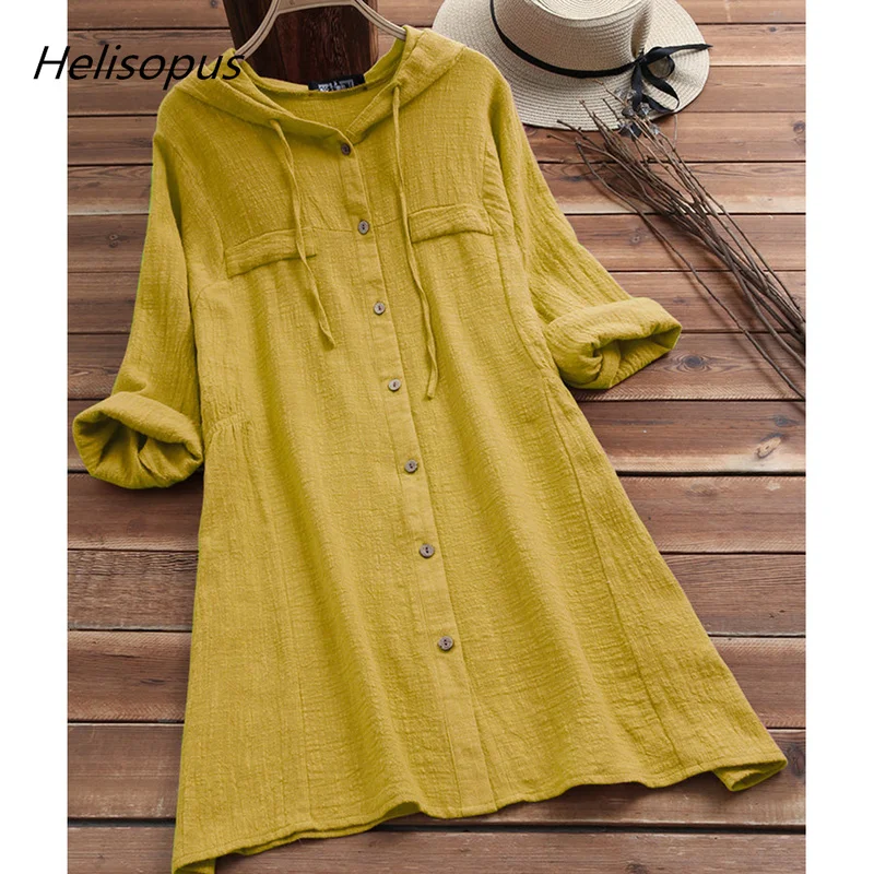 

Helisopus Spring Hoodies Long Sleeve Women Shirt Cotton Linen Plus Size Loose Tops Blouse Female Button Solid Shirt Work Blusas