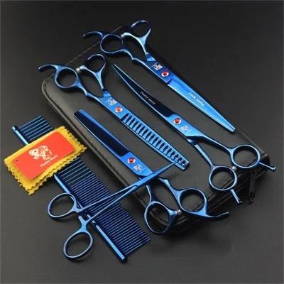 7 дюймов профессиональные японские 440C ножницы для стрижки собак набор ножницы для стрижки собак филировочные изогнутые ножницы с расческой - Цвет: blue PK-706