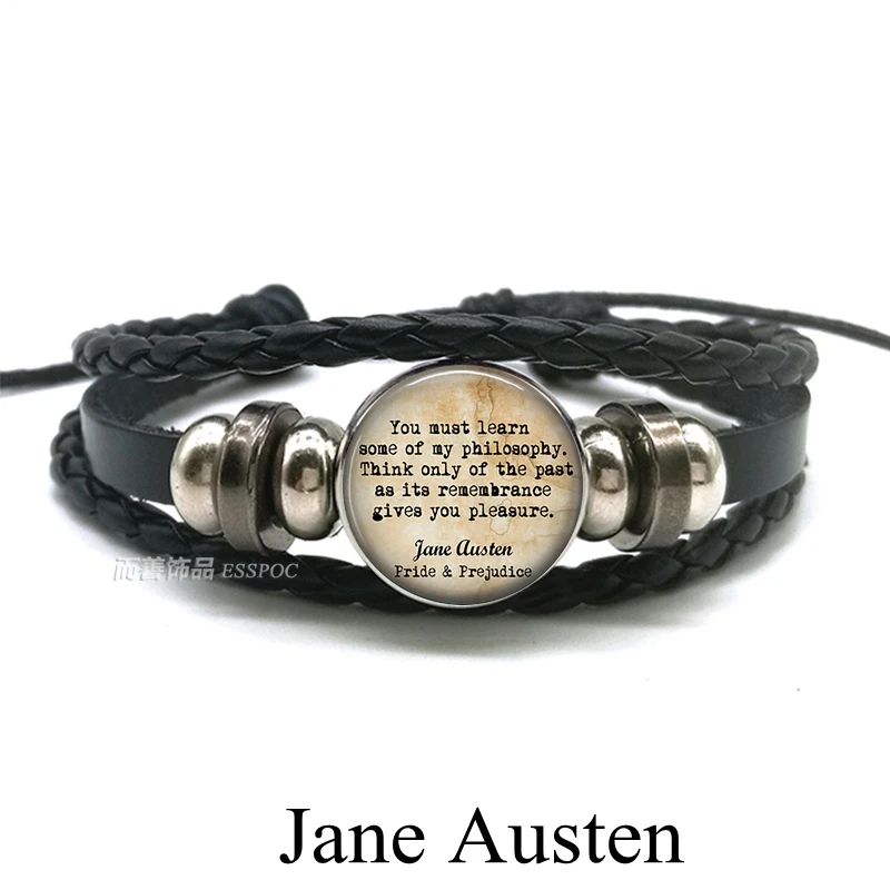 

Jane Austen Pride and Prejudice Quote 16mm Button Bracelet Men Punk Black Leather Bracelet