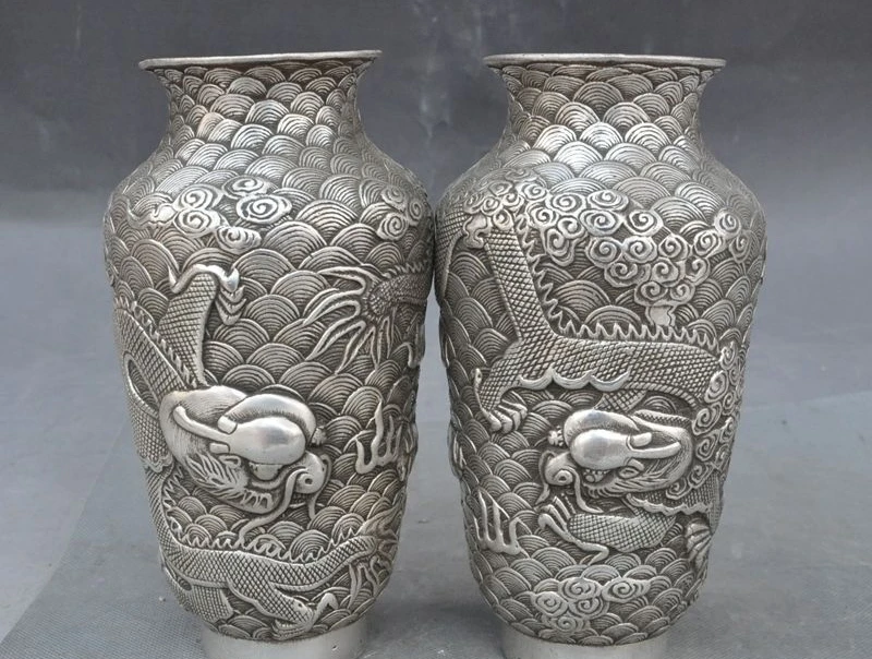 

7"Marked old China Silver Feng Shui Dragon Play Bead Statue Bottle Jar Vase Pair