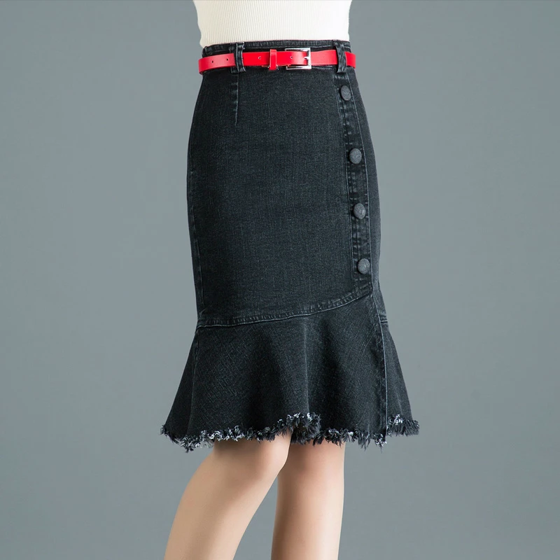

2019 Spring Summer Women Female Tassel Ruffle High Waist Black Denim Trumpet Skirt , Womens Stretch Buttons Mermaid Jean Skirts
