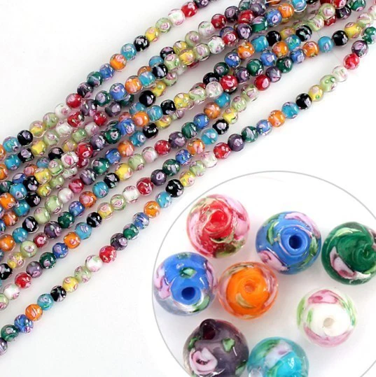 

2015 New Arrival 50pcs/lot Mixed colours 8mm Round Flower Glass Lampwork Beads for Bracelet Jewelry(BBC003)