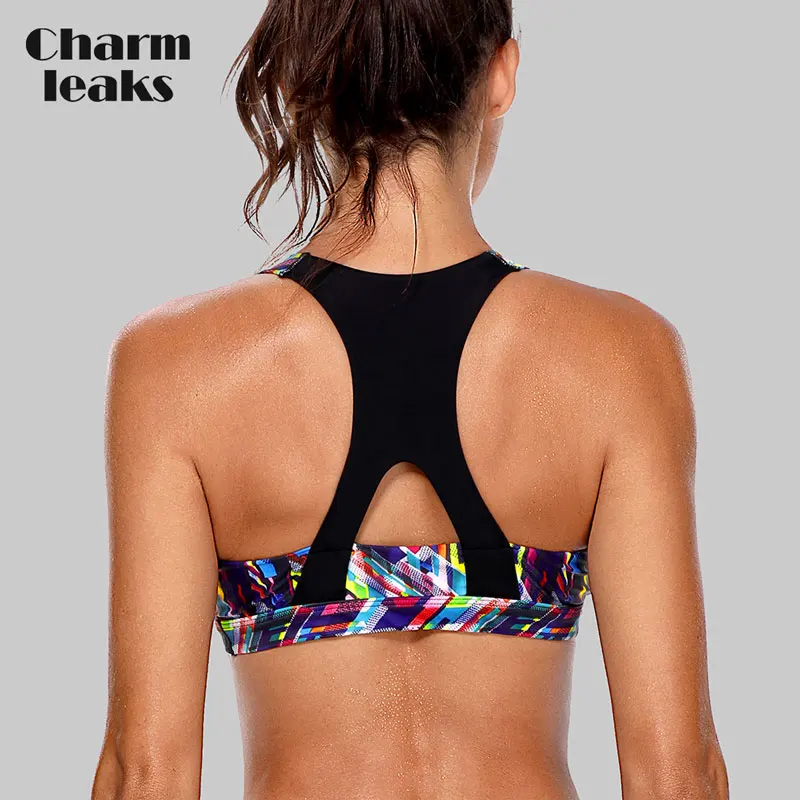 Charmleaks Women's Mid Impact Sports Bra Padded Support Yoga Bra Breathable Running Workout Racerback Sports Top