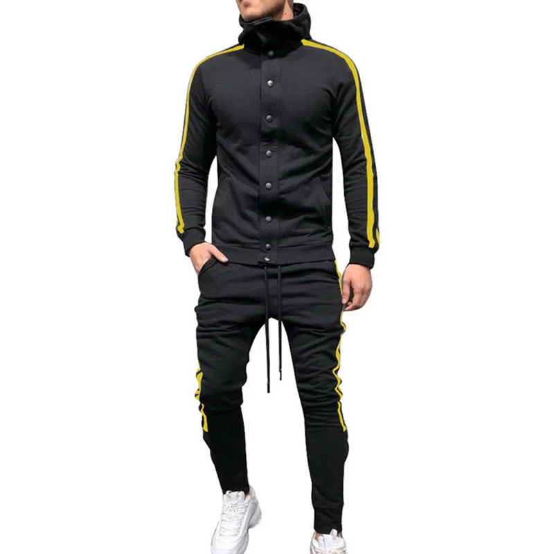 Laamei Men Sports TrackSuit Slim  Stripe Men's Set Long Sleeve Button Hip Hop Male Clothes Casual Sweatshirts Jacket+Pant Set