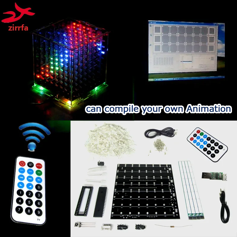 3D8 Многоцветный 8x8x8 светодиодный Электронный светильник cubeeds diy kit с демонстрационным программным обеспечением для ПК светодиодный музыкальный спектр для Ardino