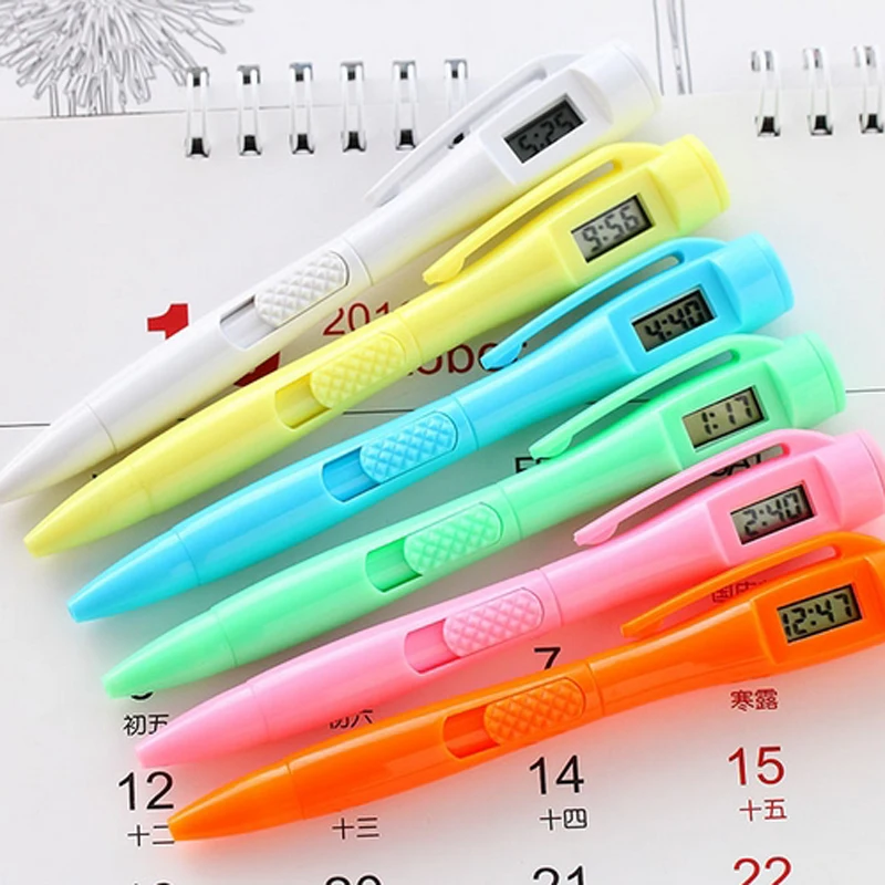 6pcs/lot Multi Function Ball Point Pen With Time Clock Pen Kids