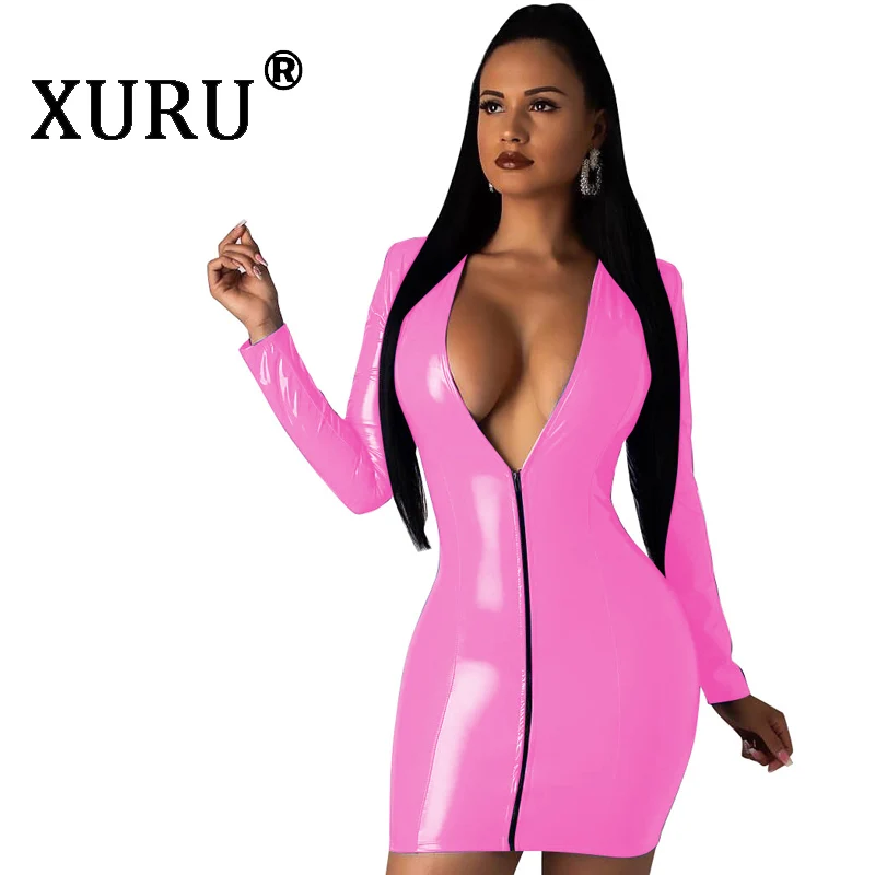 

XURU New Women's PU Bright Leather Dress Sexy Slim Long Sleeve Deep V-neck Dress Pink Yellow Black Blue Dress