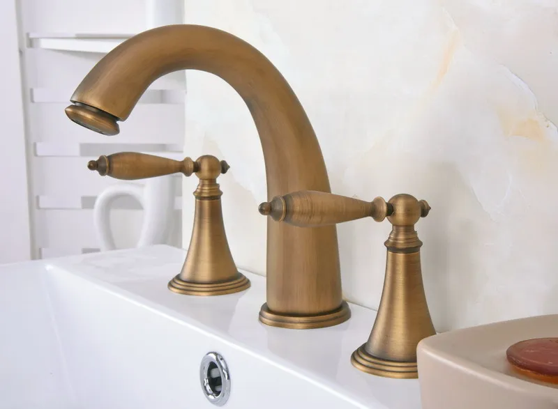 

Antique Brass Dual Levers Handles Widespread 3 Hole Install Bathroom Sink Basin Faucet Mixer Taps aan081