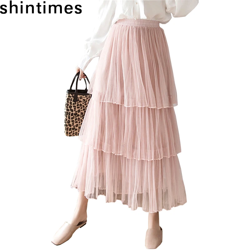 

Shintimes Spring And Autumn Plus Size Skirt Tulle Skirts Womens Korean Fashion Elastic High Waist White Pleated Cake Skirt