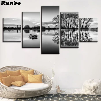 

Wall Art Black White 5d Diamond Painting Cross Stitch 5 Pcs Reflection Of Trees In The Lake Diamond Embroidery Rhinestone Mosaic