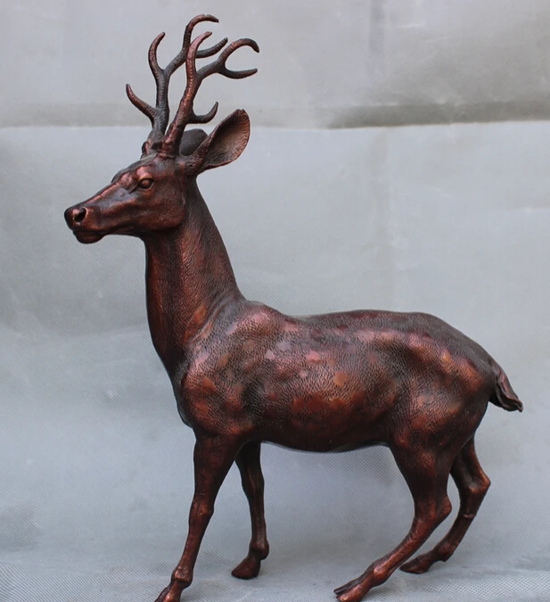 

song voge gem S4660 12" Chinese Pure Bronze Folk Lucky Running Deer Sika Statue Animals Sculpture