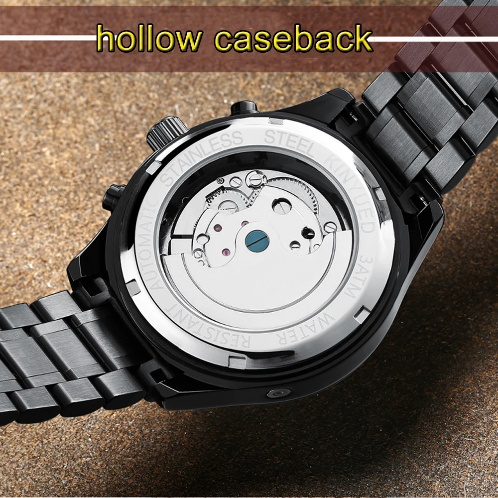 KINYUED Лидирующий бренд Мужские автоматические каркасные турбийон механические часы для мужчин бизнес классические черные наручные часы Relogio