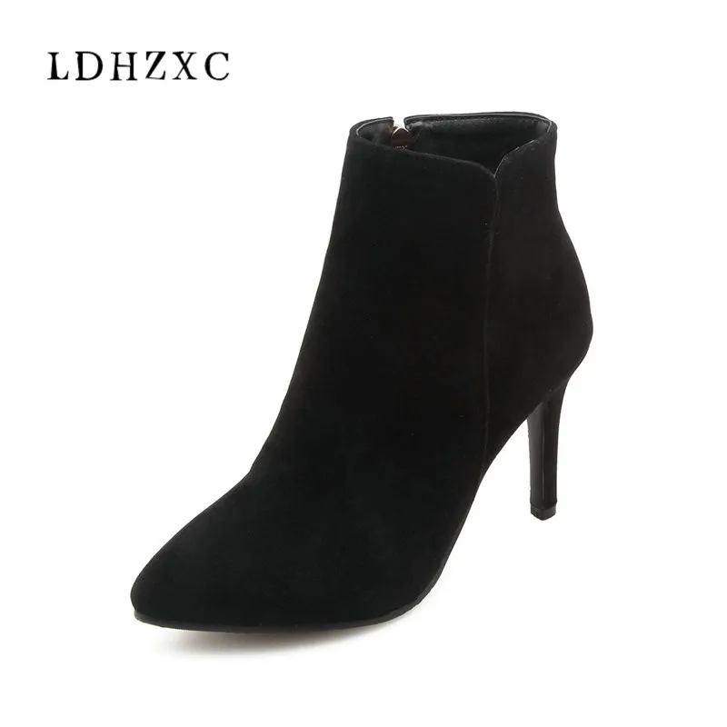 

LDHZXC Flock Fashion Women Ankle Boots All Match High Heel Winter Shoes Boots Women Motorcycle Boots Big Size 34-46