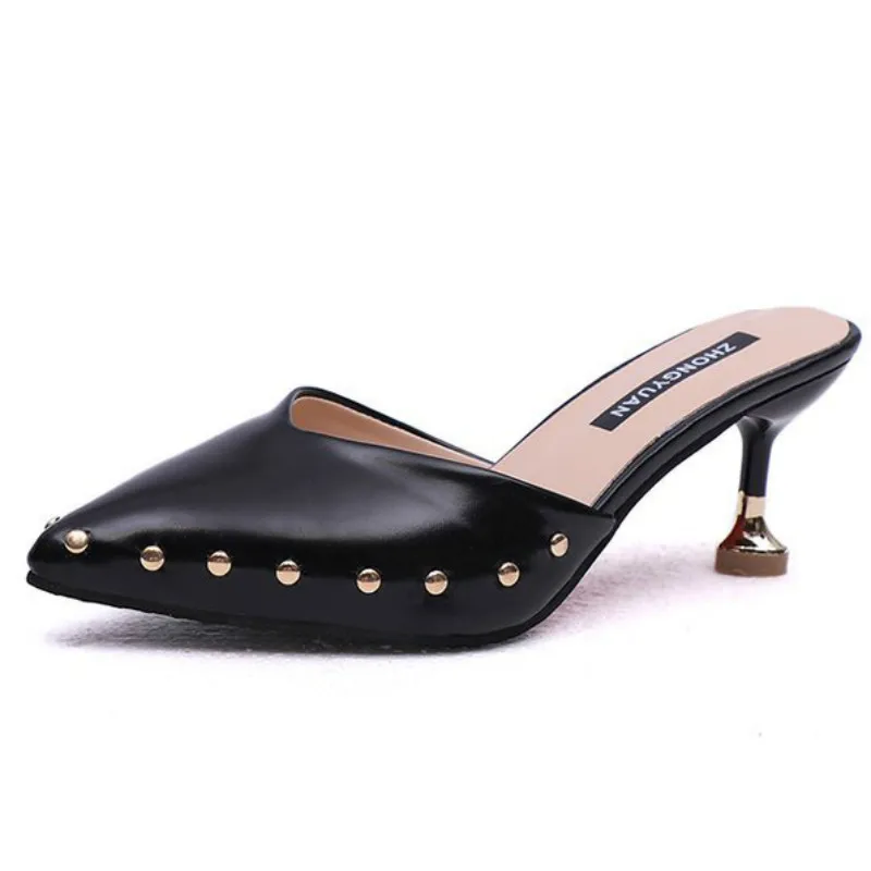 

New Arrive Fashion Women Summer Mules Slippers High Heels Ladies Rivets Pointed Toe Strange Style Female Outside Shoes for Girls