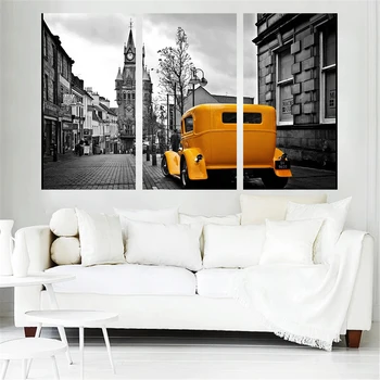 

Mordern Art Canvas Painting Yellow Car Wall Art Home Decoration London Road Scenery Oil modular pictures for Room Art Work Frame