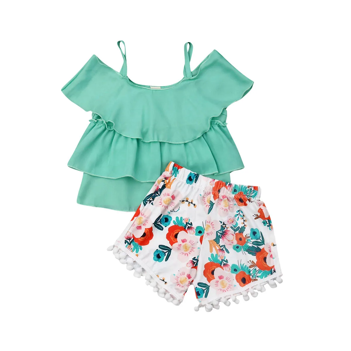 

2PCS Kids Baby Girls 1-5Y Clothes Sets Off-Shoulder Ruffles Braces Tops Floral Short Pants Set