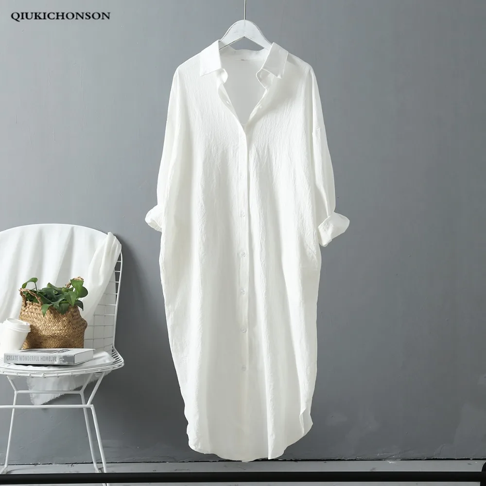 Корейская Повседневная белая женская блузка с боковыми карманами, весенне-осенние женские топы с длинным рукавом из хлопка и льна размера плюс, Длинные рубашки