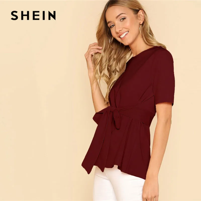 SHEIN Однотонная Блуза С Поясом Женские Летние Элегантные Блузки С Коротким Рукавом