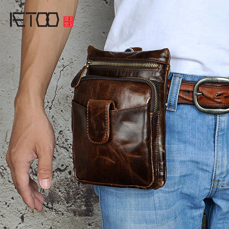 

AETOO The first layer of oil wax leather real leather messenger bags men retro phone camera 8 inch with a small pockets