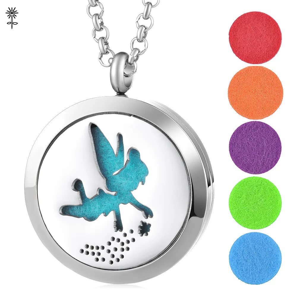 

Magnetic Aromatherpay Perfume Essential Oils Diffuser Pendant Locket Necklace Hollow Fairy Wings with 5 Felt Pads VA-494