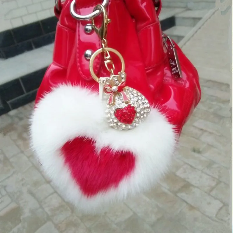 

Super BIg mink Fur Pompoms personality Heart-shaped keychains real fur Pompom Star fox hair bulb keychain handbag accessories