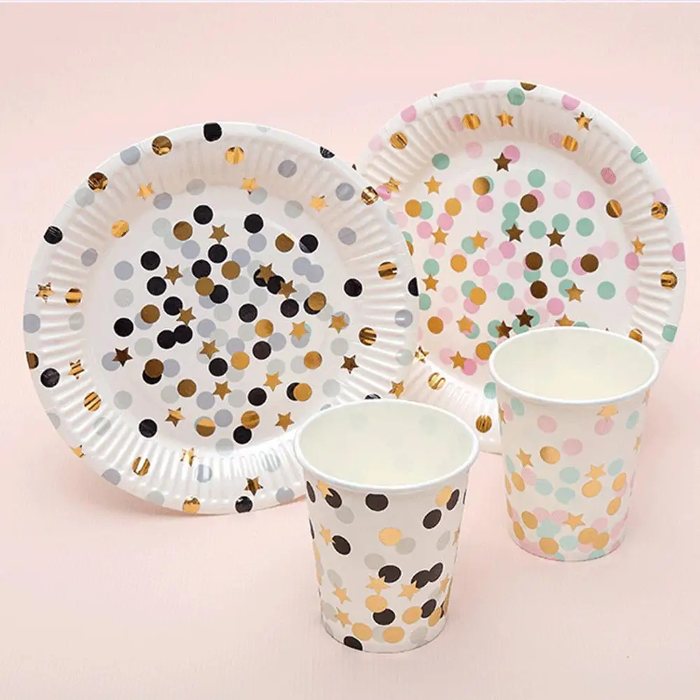 10pcs Black Dot Gold Stars Disposable Tableware Party Paper Plates Baby