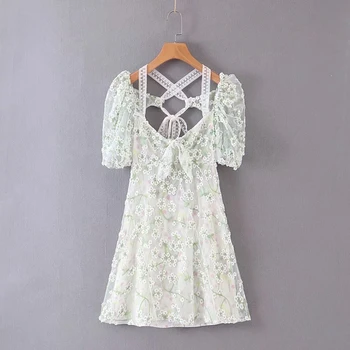 

2019 summer new embroidered mesh dress puff sleeve backless low V-neck mini dresses