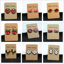 E098 Fashion Jewelry Cute Cartoon Rose Watermelon Cherry Stud Earrings For Women and Girls Creative Art Fruits Plants Earrings