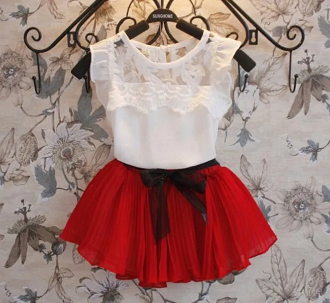 

2PCS Kids Baby Girls Lace Floral T-shirt Tank Tops and Chiffon Skirt Outfits Set Kids Girl Clothes Set Summer