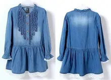 2016 hot baby Girls casual autumn long sleeve button Blue Denim rushed Dress for age 2-8Y