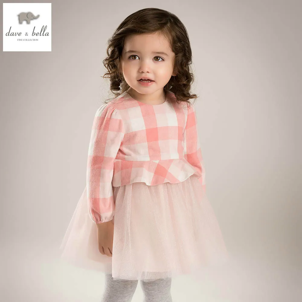 DB5197 davebella spring baby girl princess dress baby pink plaid dress