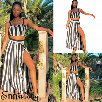 

2Pcs Women Casual Stripe Tops Loose Wide Leg High Waist Stripe Pants Suit Casual Clubwear