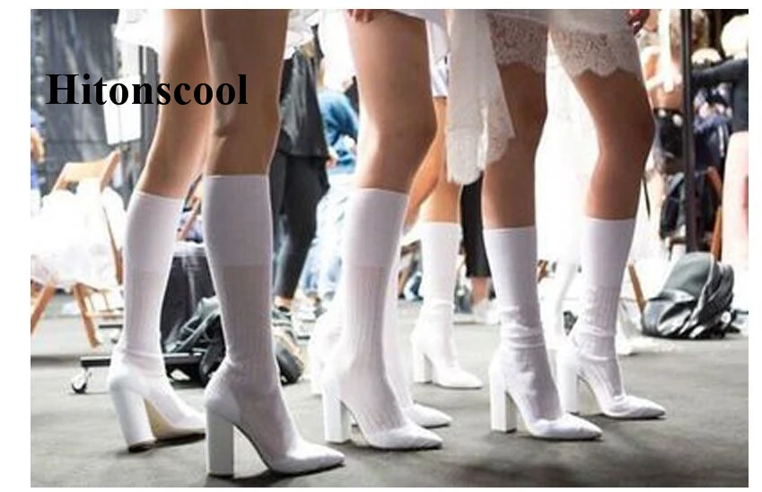 

2019 New Women Stretch Socks Boots Pointed Toe Chunky High Heels Slip On Ladies White Runway Shoes Woman Knee High Boots