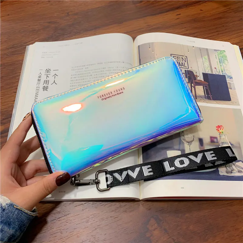 Women Wallets Lanyard Laser Holographic Wallet Women Long Purse Female Clutch Bag Portfel Zip Phone Pocket Card Holder Carteras