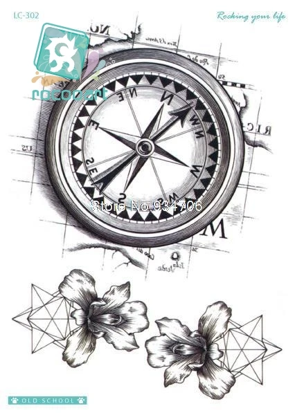 

LC-302 21*15cm Vintage Compass Large Tatoo Sticker Classical Black White Factory Design Cool Temporary Tattoo Stickers Taty