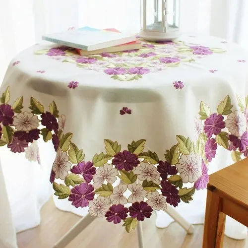 

Romantic Purple Floral Table Linen,Elegant Flowers Embroidered Table Top Cover,Brand Christmas Table Decoration