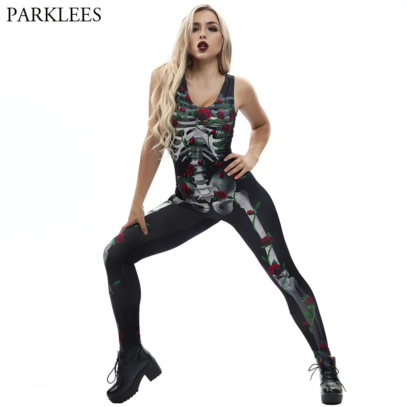 Halloween Cosplay Romper Jumpsuit Women 2018 Fashion 3D Rose Skull Print Sleeveless Sexy