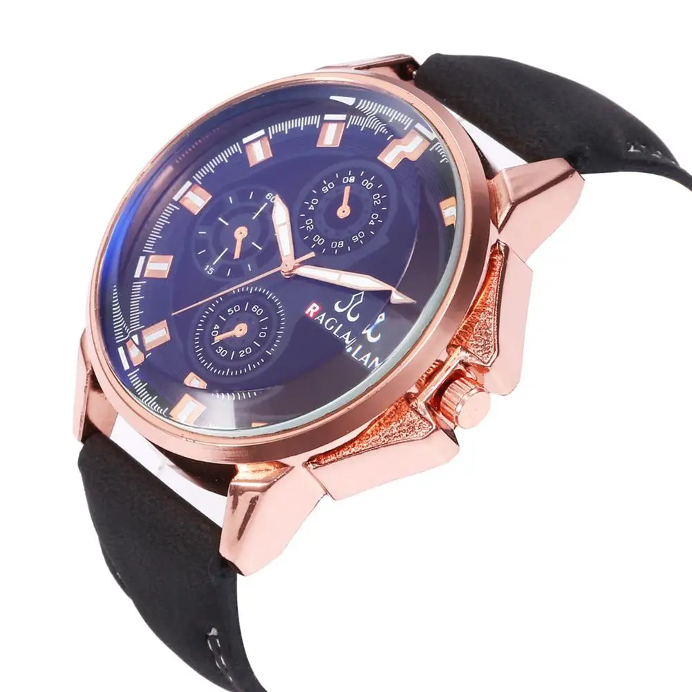 Men Fashion Sub Dials Big Round Dial Analog No Numbers Quartz Wrist
