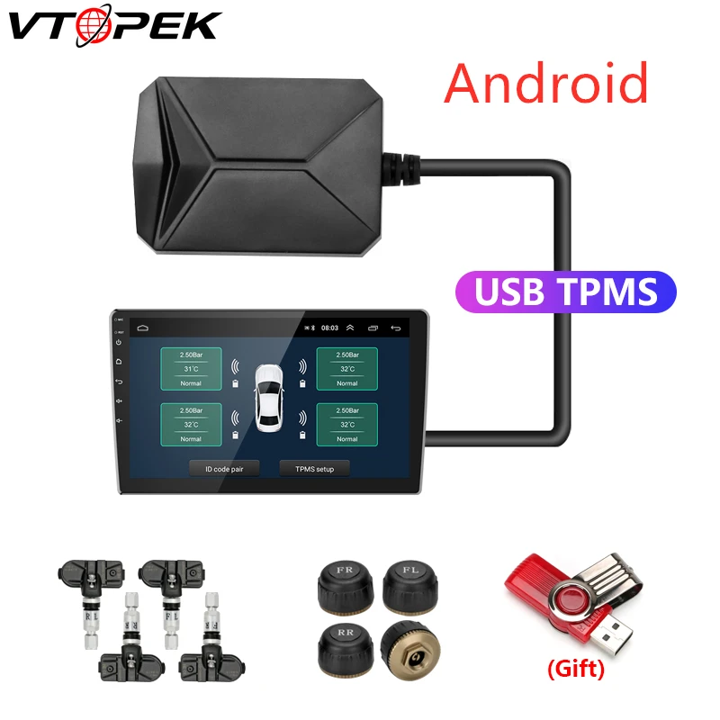 

USB Android TPMS Tire Pressure Monitoring System Display Alarm System 5V Internal Sensors Android Navigation Car Radio 4 Sensors