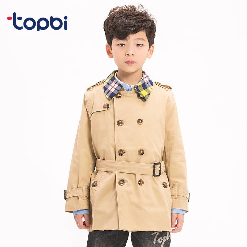 TOPBI Autumn Boys Trench Coat Cotton Double Breasted Kids Boy Windbreaker Long Sleeve Outwear