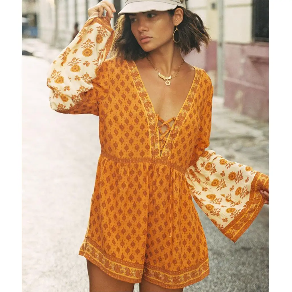 

Yellow Sunflower Sexy Playsuit Women 2019 Flare Long Sleeve V neck Lace Up Romper Overalls Boho Beach Chic Floral Summer Clothes