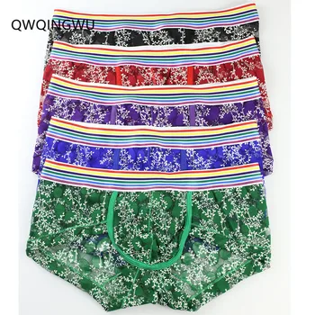 

5PCS Men Boxer Colurful Mesh Splice Flower Printing Transparent Underwear Men Boxer Sexy Pouch Soft Underpants Breathable Boxers