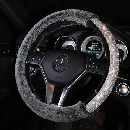Зимний теплый плюшевый Меховой чехол рулевого колеса автомобиля хрустальные стразы Алмазный чехол на руль для женщин аксессуары для девочек - Название цвета: gray