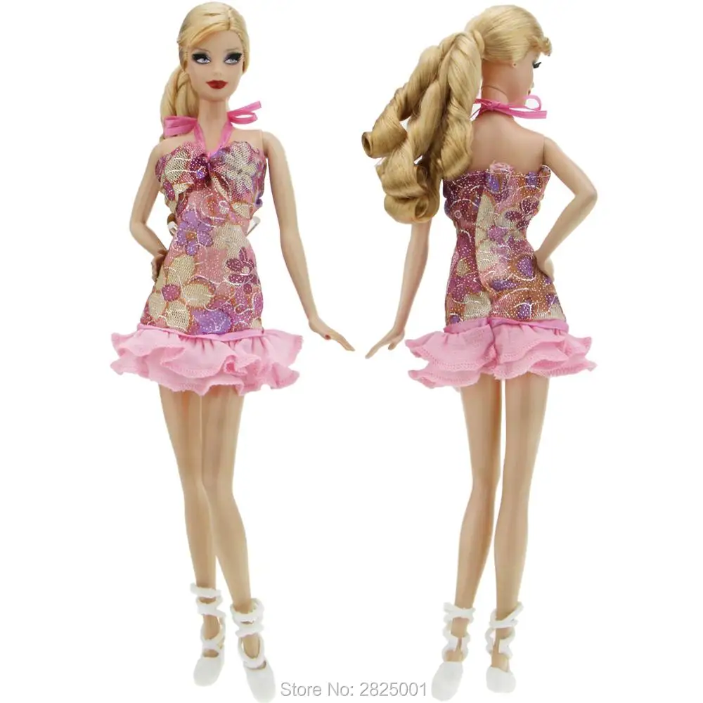

2x Items = 1x Suspenders Mini Dress Pink Flower Pattern Wedding Party Gown + 1x Ballet Shoes Clothes For Barbie Doll Accessories